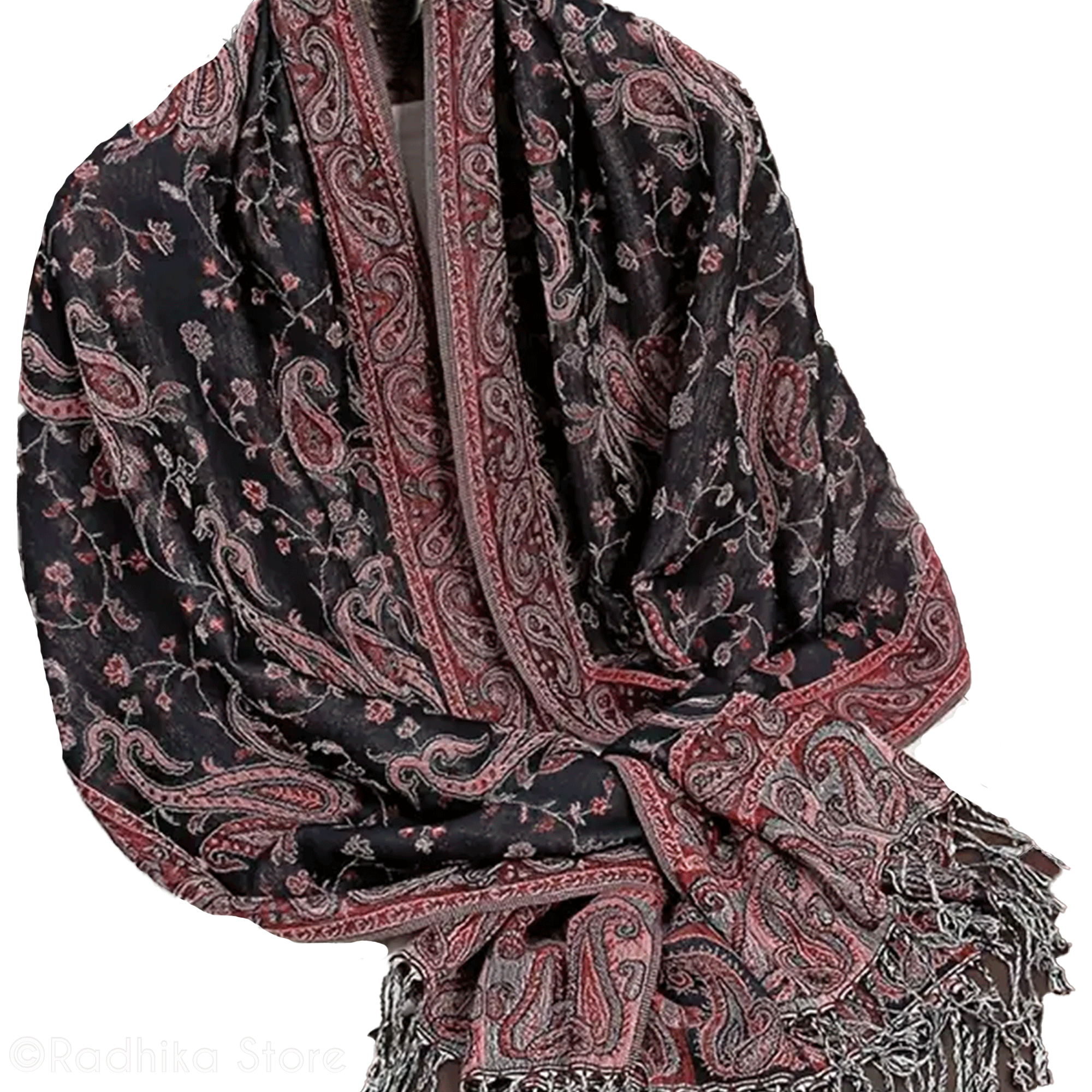 Tapestry Look- Jacquard - Chadar - With Paisley Design - Black Red Gray