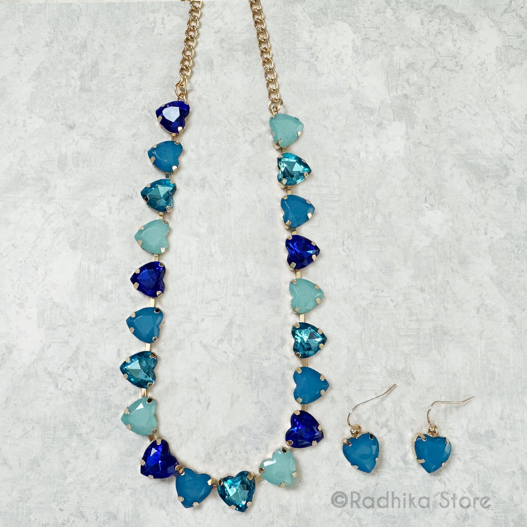 For The Love of God-Blue-Hearts- Crystal-Deity Necklace - And Earring Set