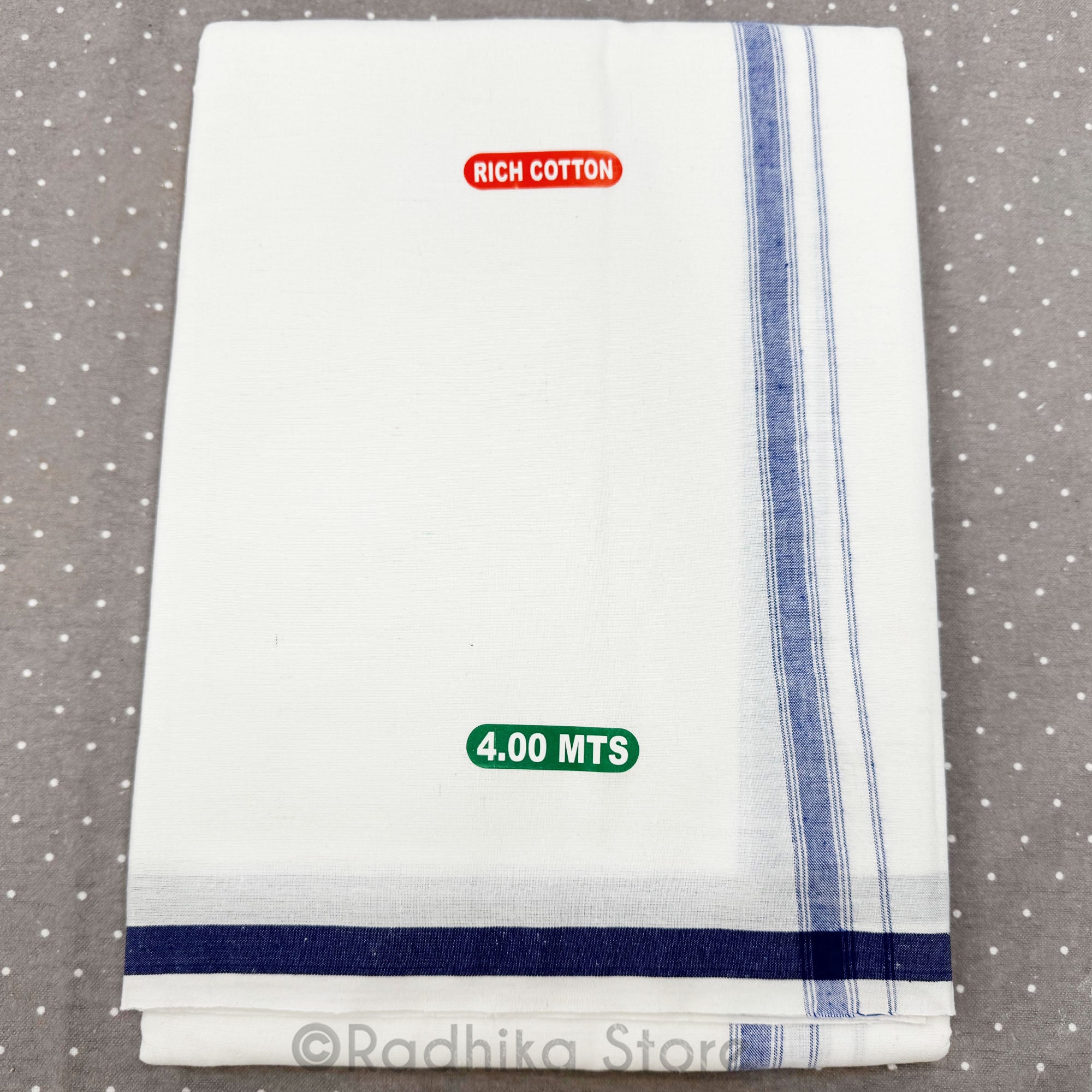 White Cotton Dhoti  - With Blue Stripe Bottom Line