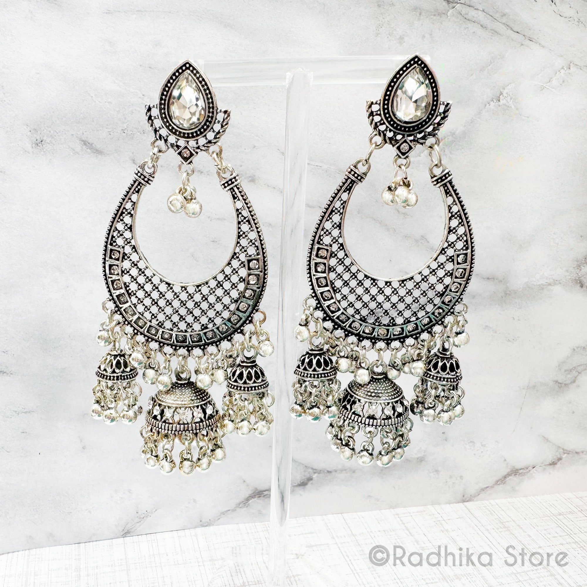 Crystal Teardrop Bells- Silvery Jhumka Earrings