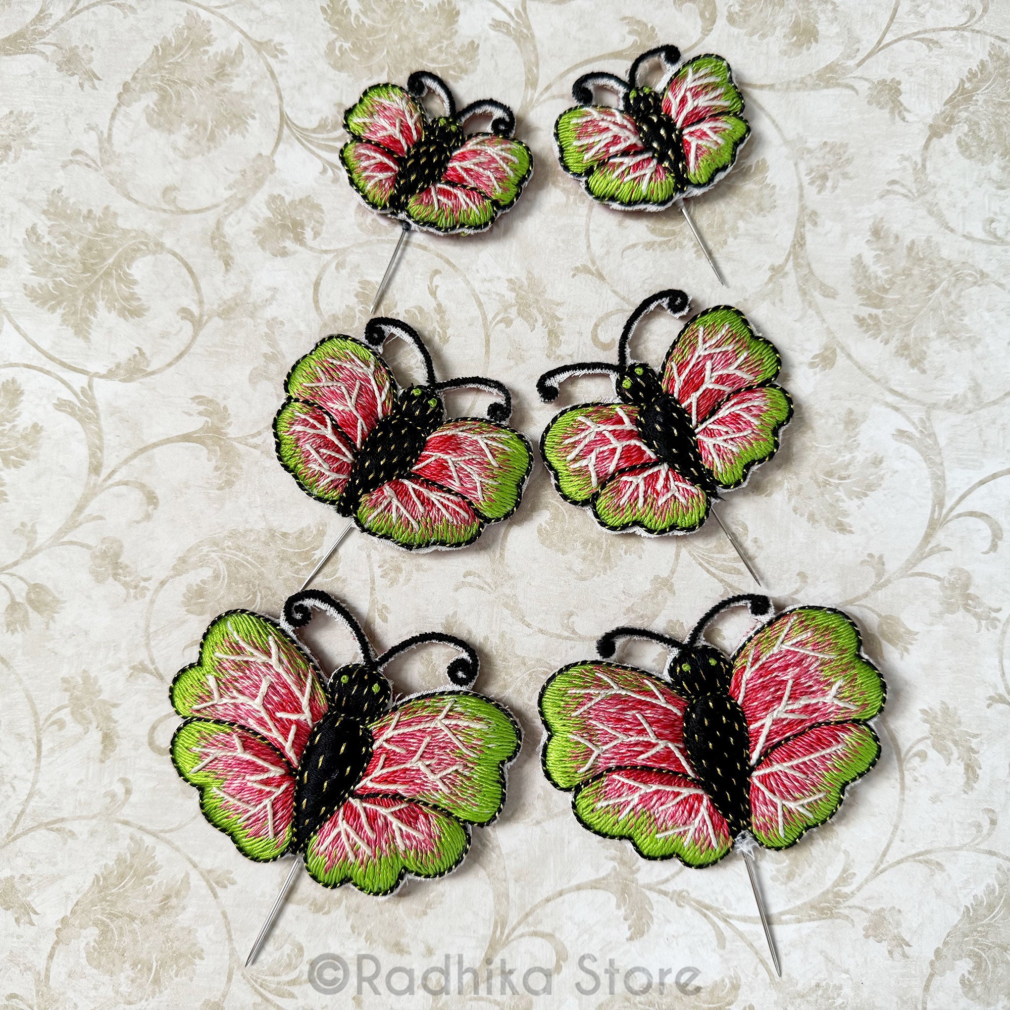 Butterflies - Coral and Green - Embroidery Turban Pins Set of 2