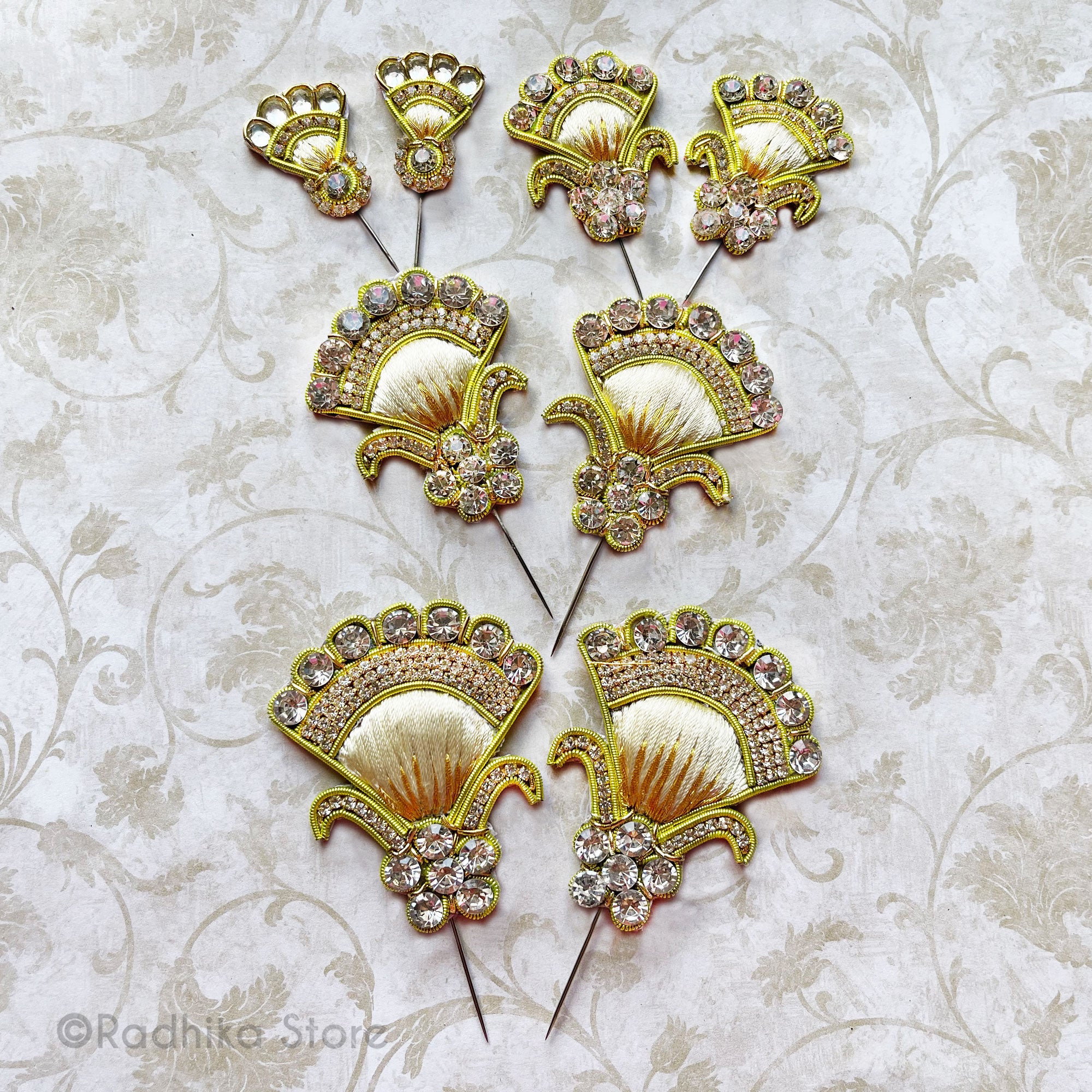 Vrindavan Fan - Cream and Gold - Embroidery Turban Pins Set of 2