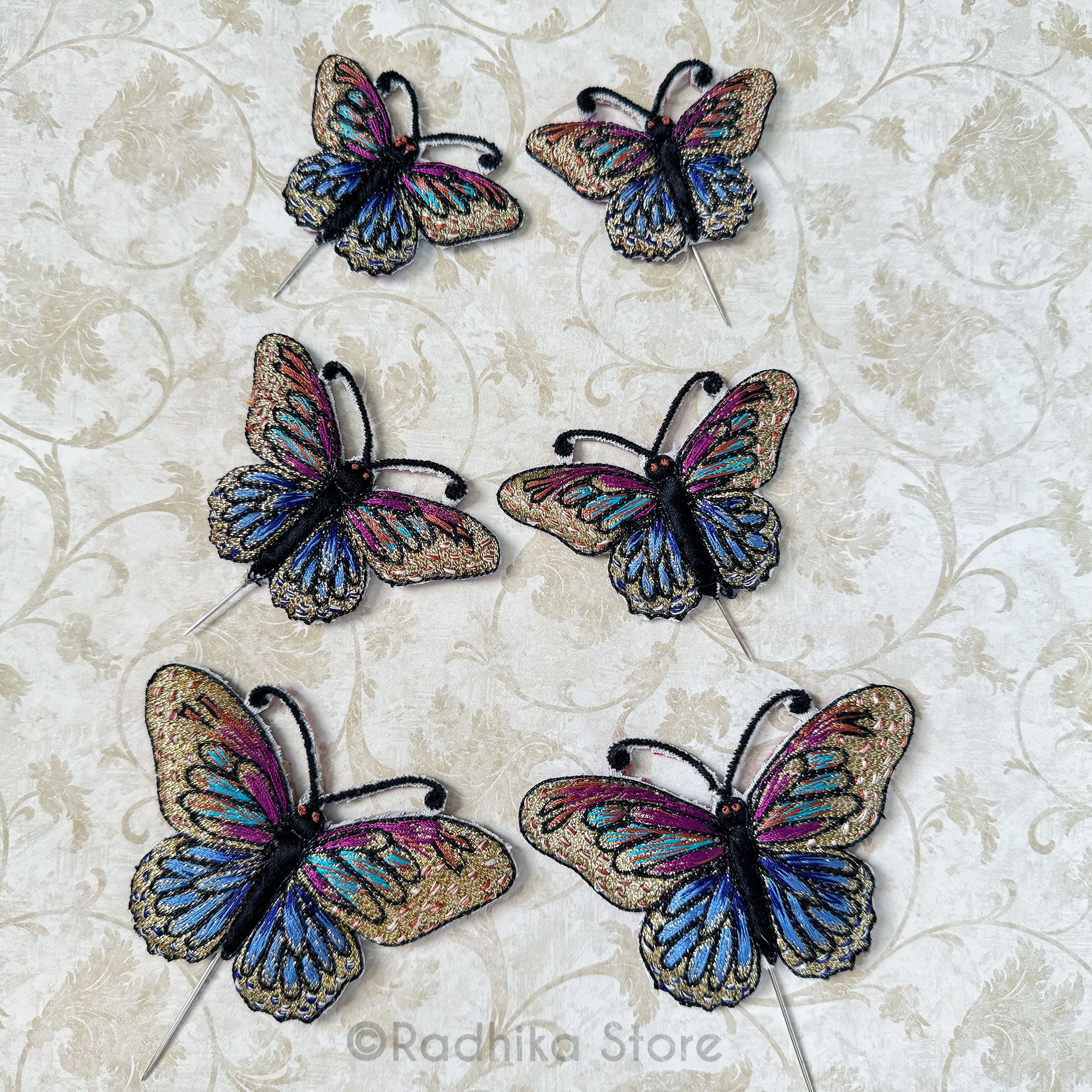 Butterflies - Gold with Fuchsia Blue Teal - Embroidery Turban Pins Set of 2