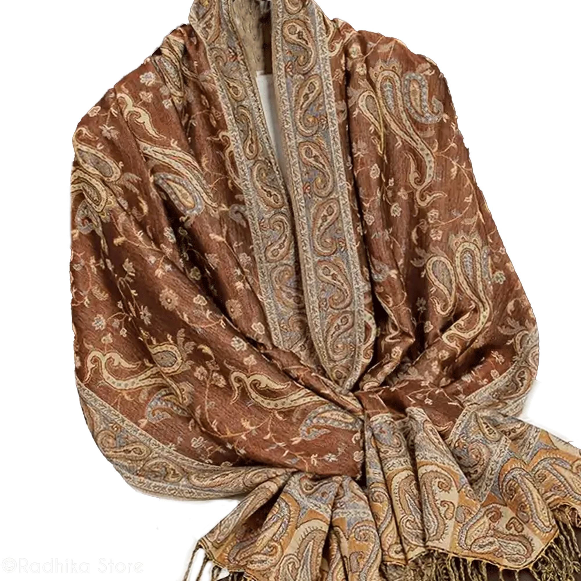 Tapestry Look- Jacquard - Chadar - With Paisley Design - Golden Brown-Earth Tones