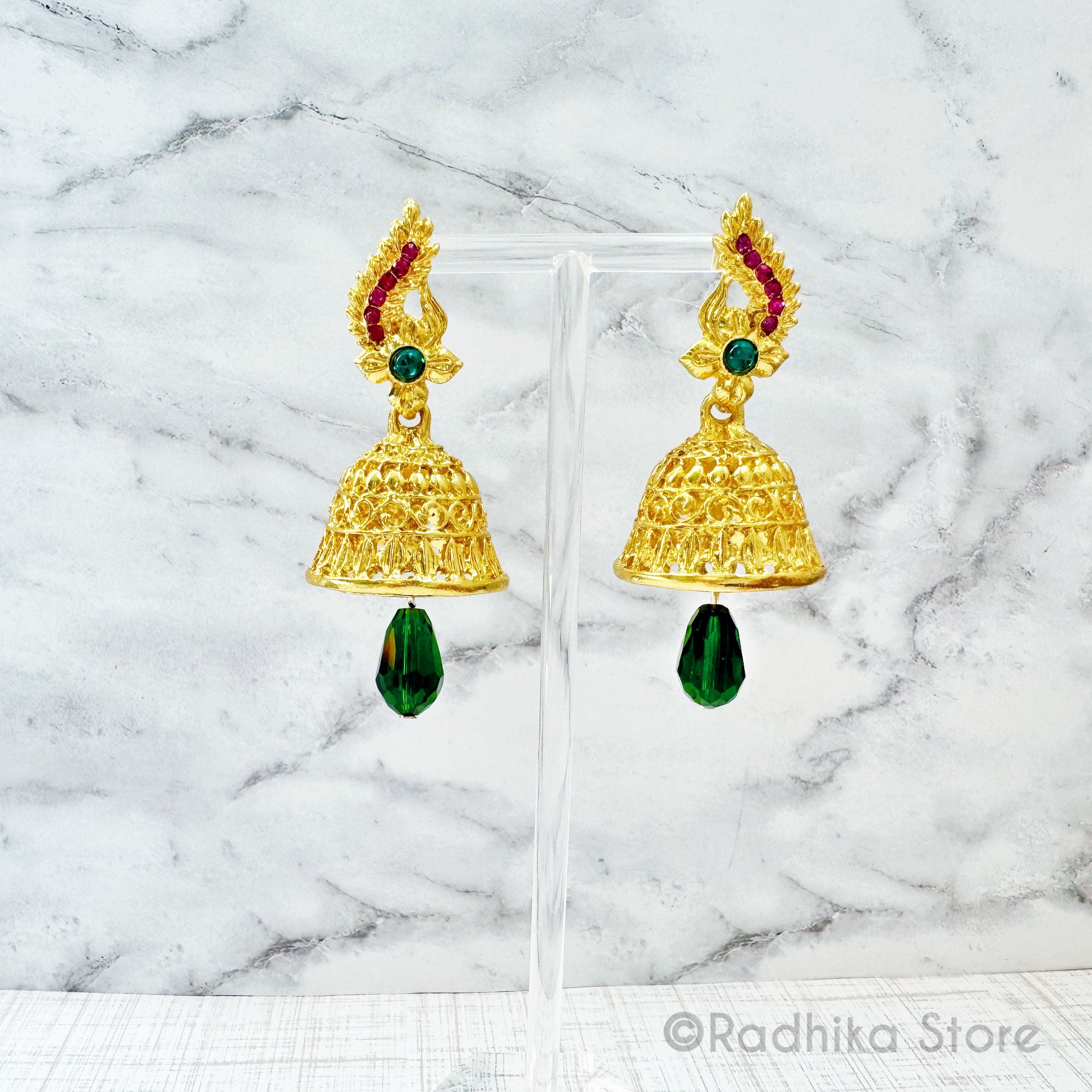 Golden Peacock Temple Bells-   Earrings