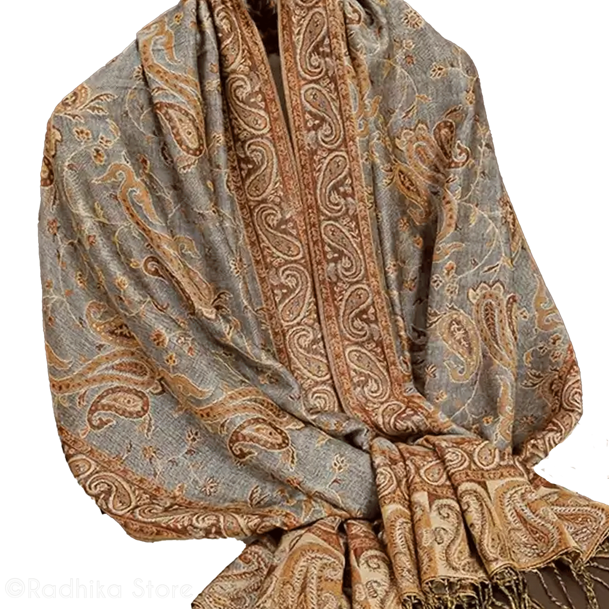 Tapestry Look- Jacquard - Chadar - With Paisley Design -Gray-Gold-Earth Tones