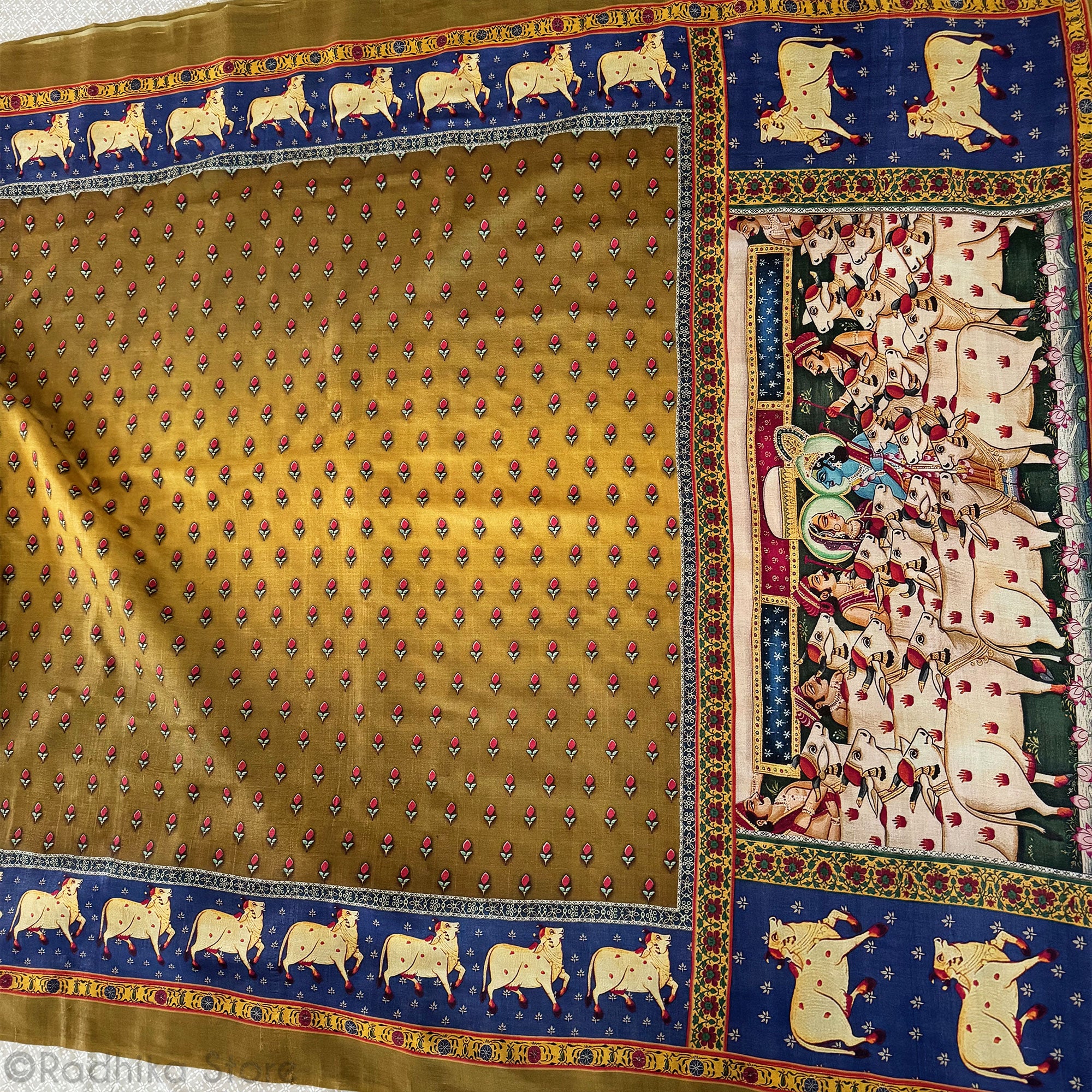 Radha Krishna Cows  - Antique Golden - Silk Saree