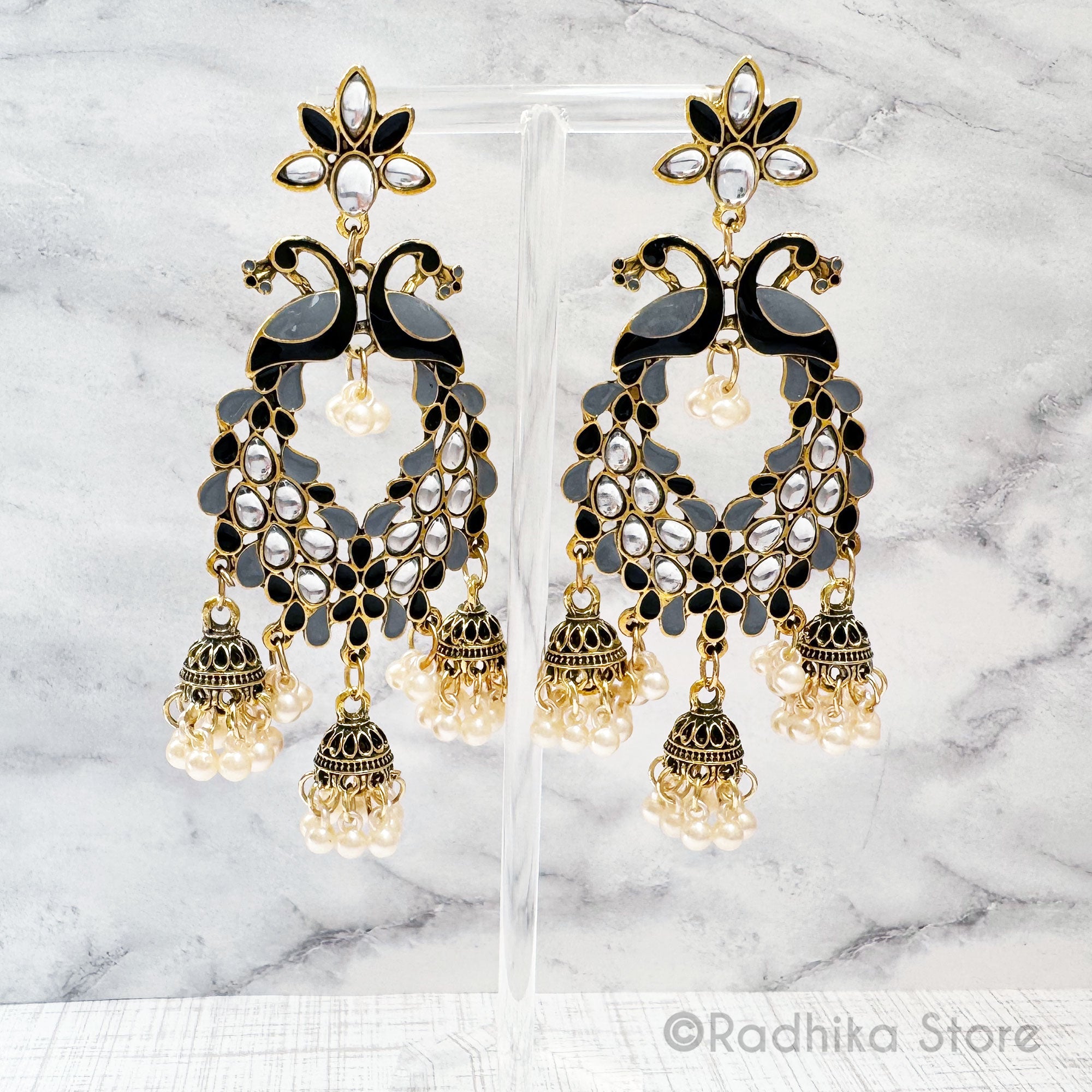 Kundan Dancing Peacock Pearl Bells-  Jhumka Earrings