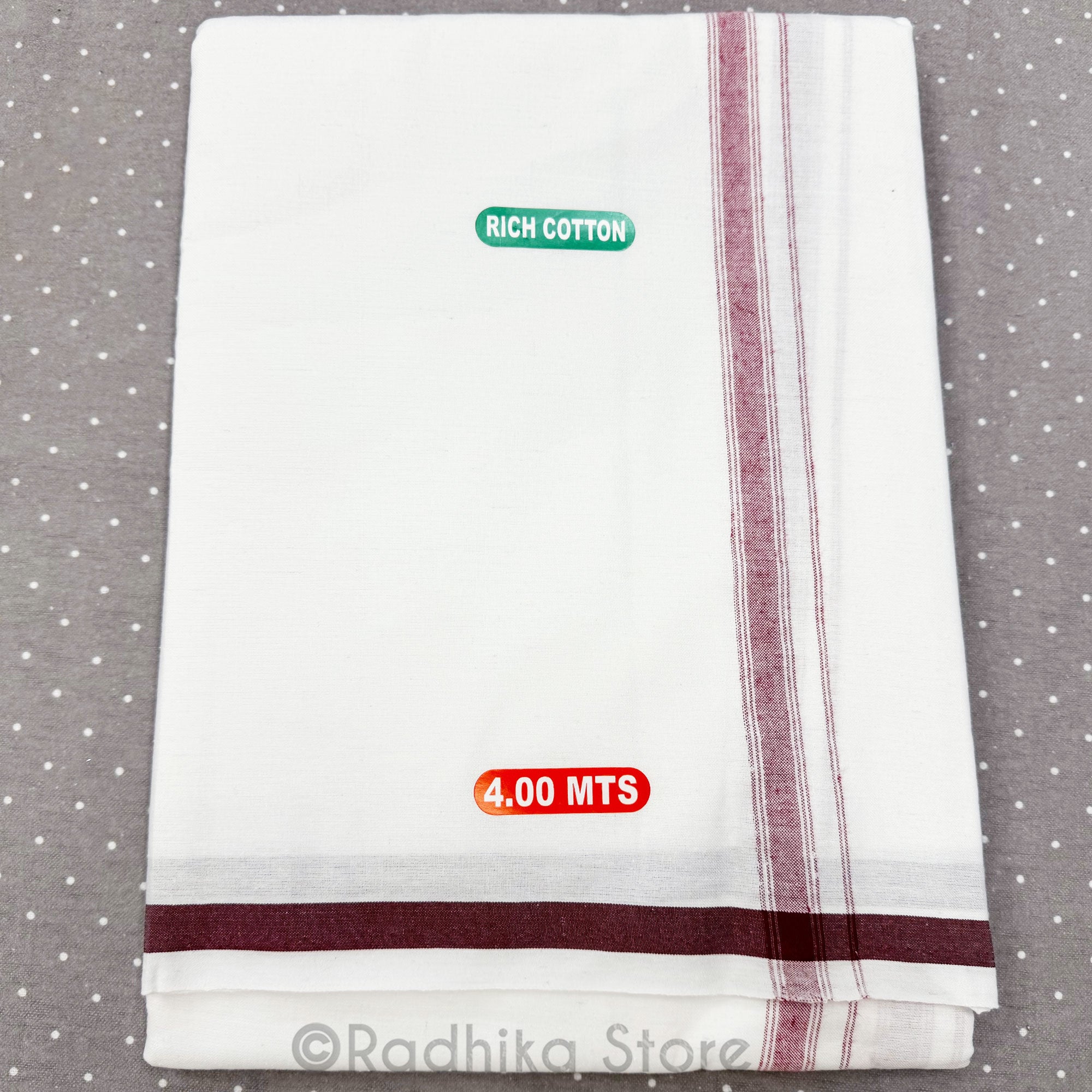 White Cotton Dhoti  - With Maroon Stripe Bottom Line