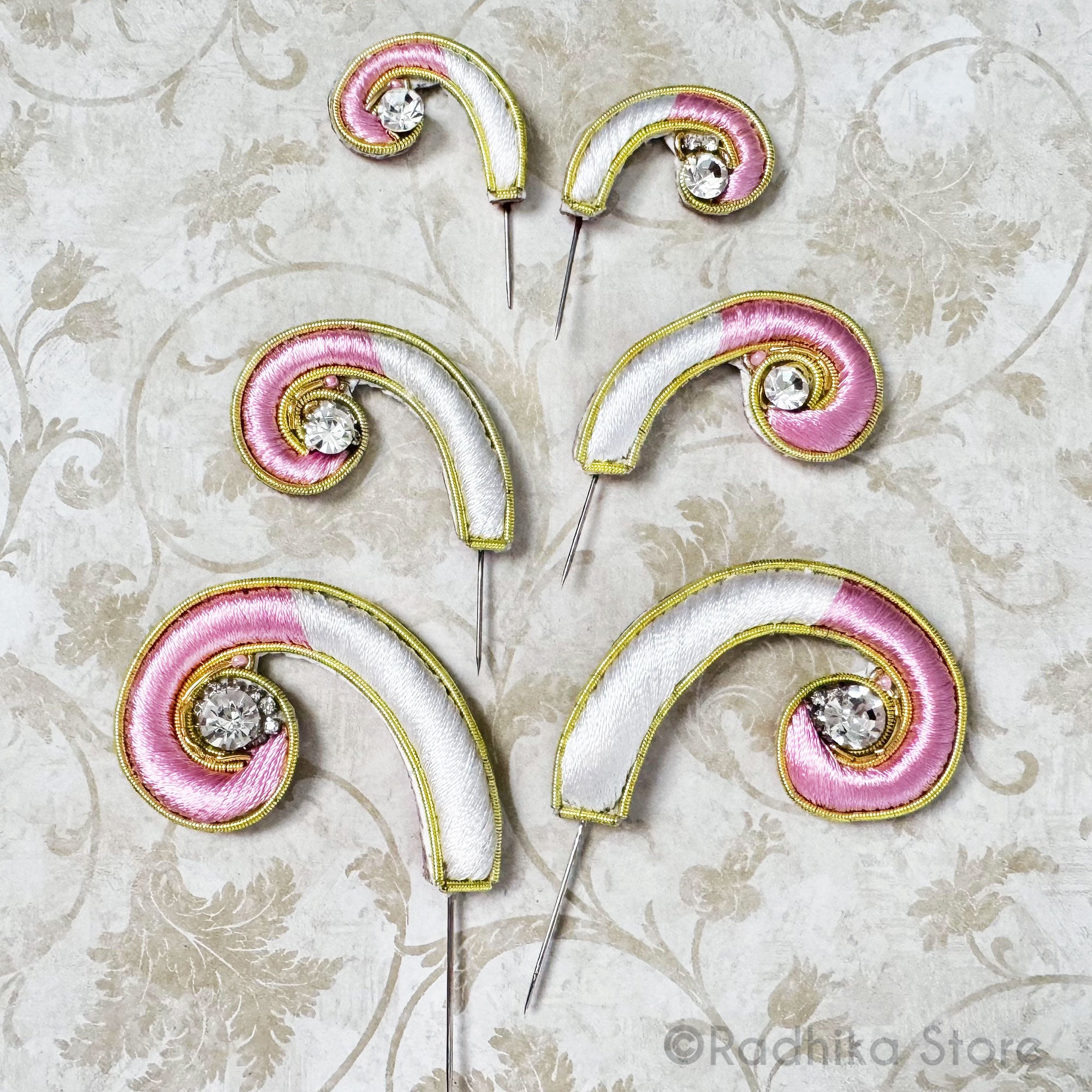 Mayapur Curls - Pink and White - Embroidery Turban Pins - Set of 2