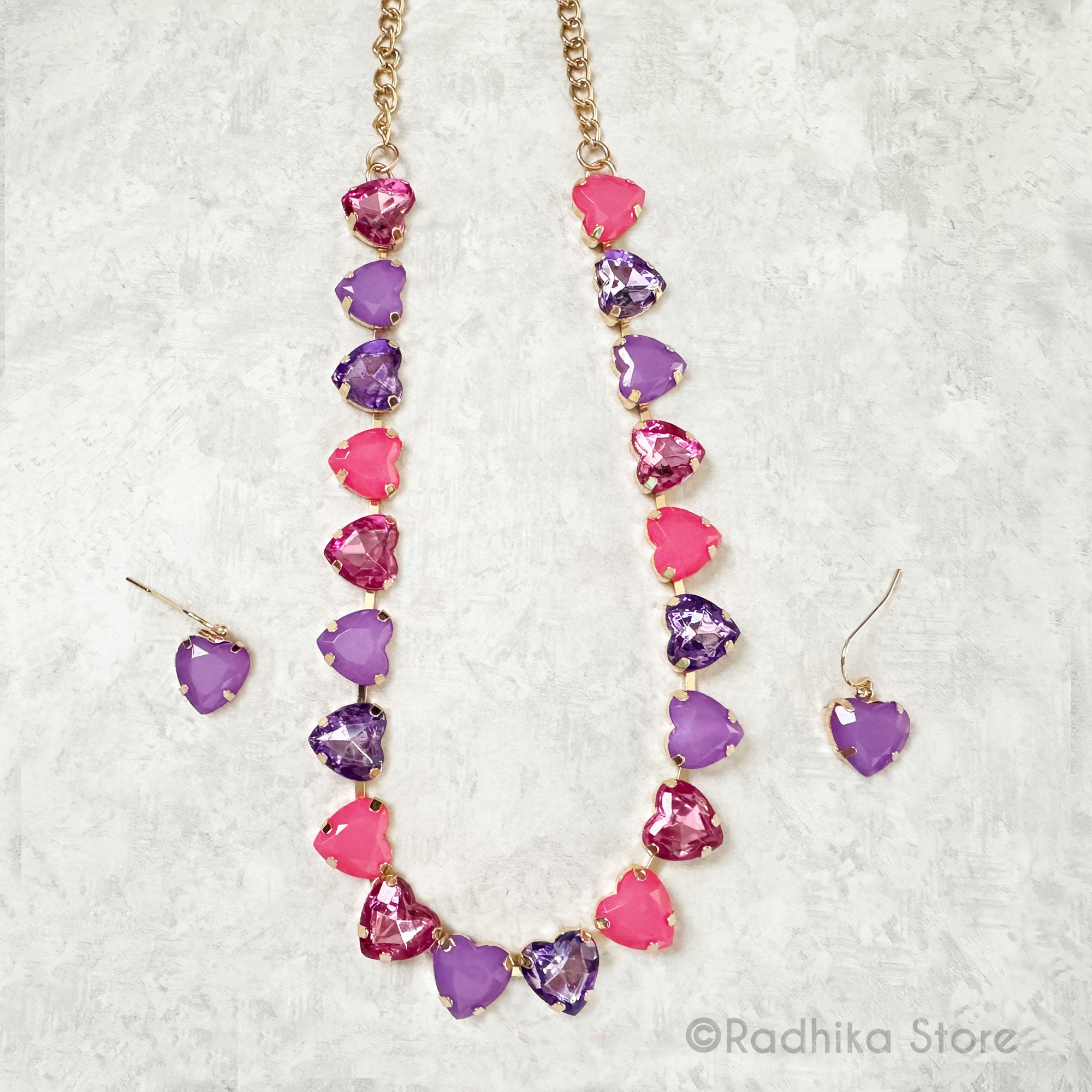 For The Love of God-Pink and Purple Hearts- Crystal-Deity Necklace - And Earring Set