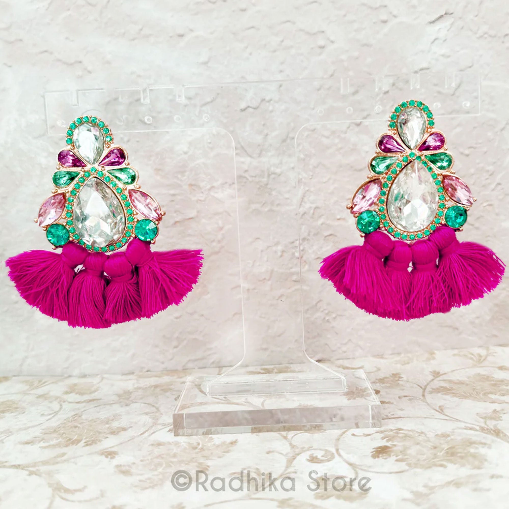 Large Bright Pink Jeweled Tassel Earrings -Earrings