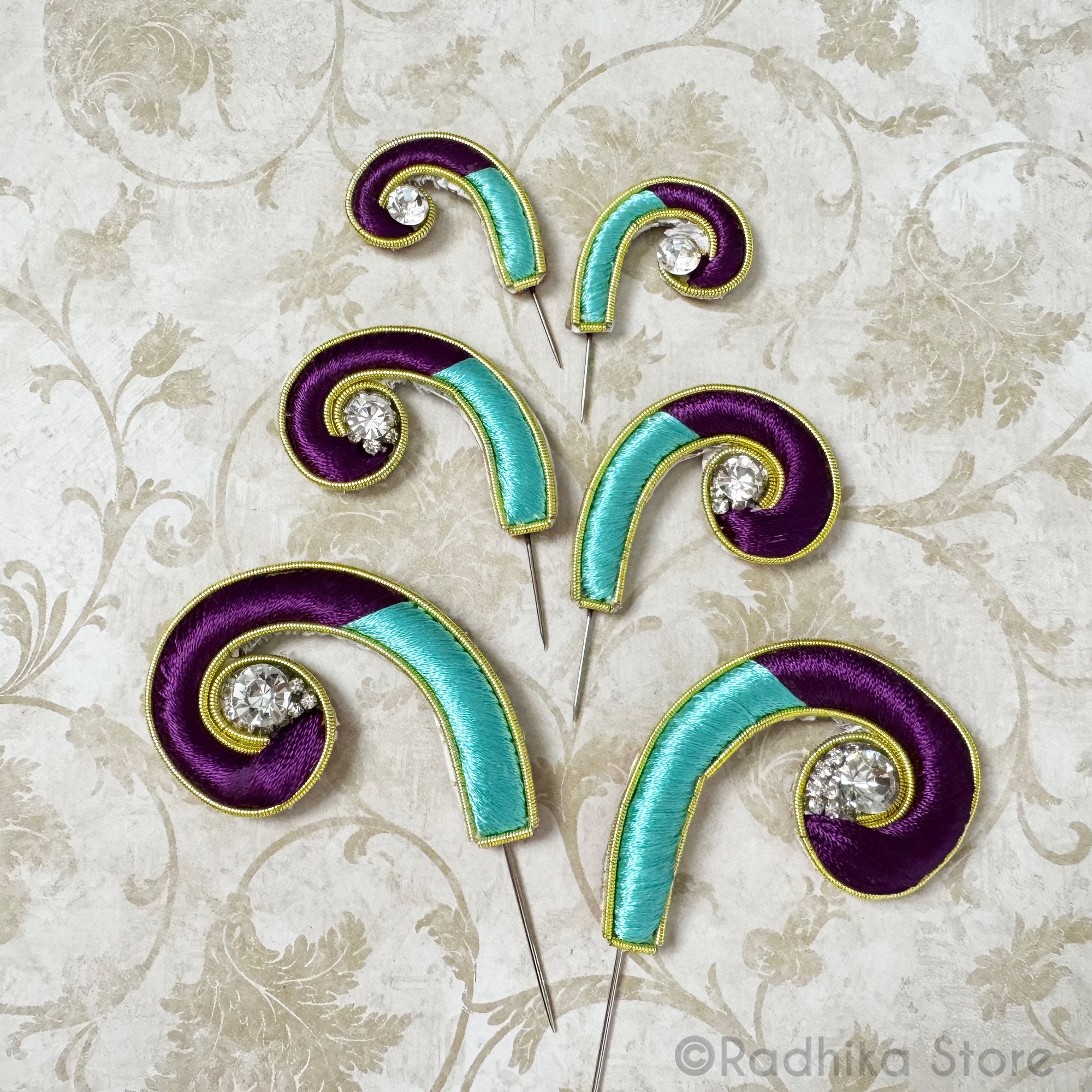 Mayapur Curls - Purple and Teal Green - Embroidery Turban Pins - Set of 2