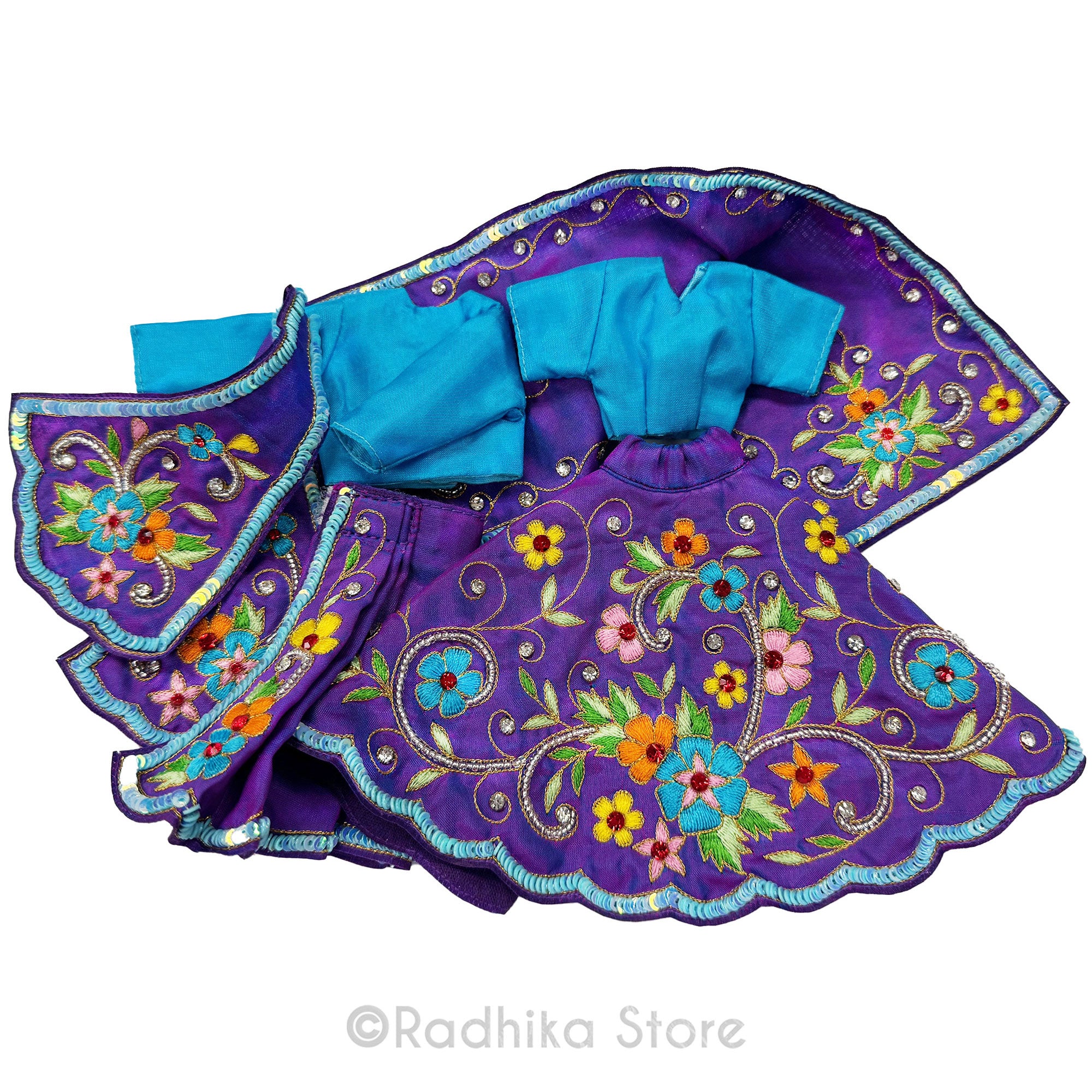 Flowers in Radha Kund - Purple and Turquoise Blue - Silk - Radha Krishna Deity Outfit