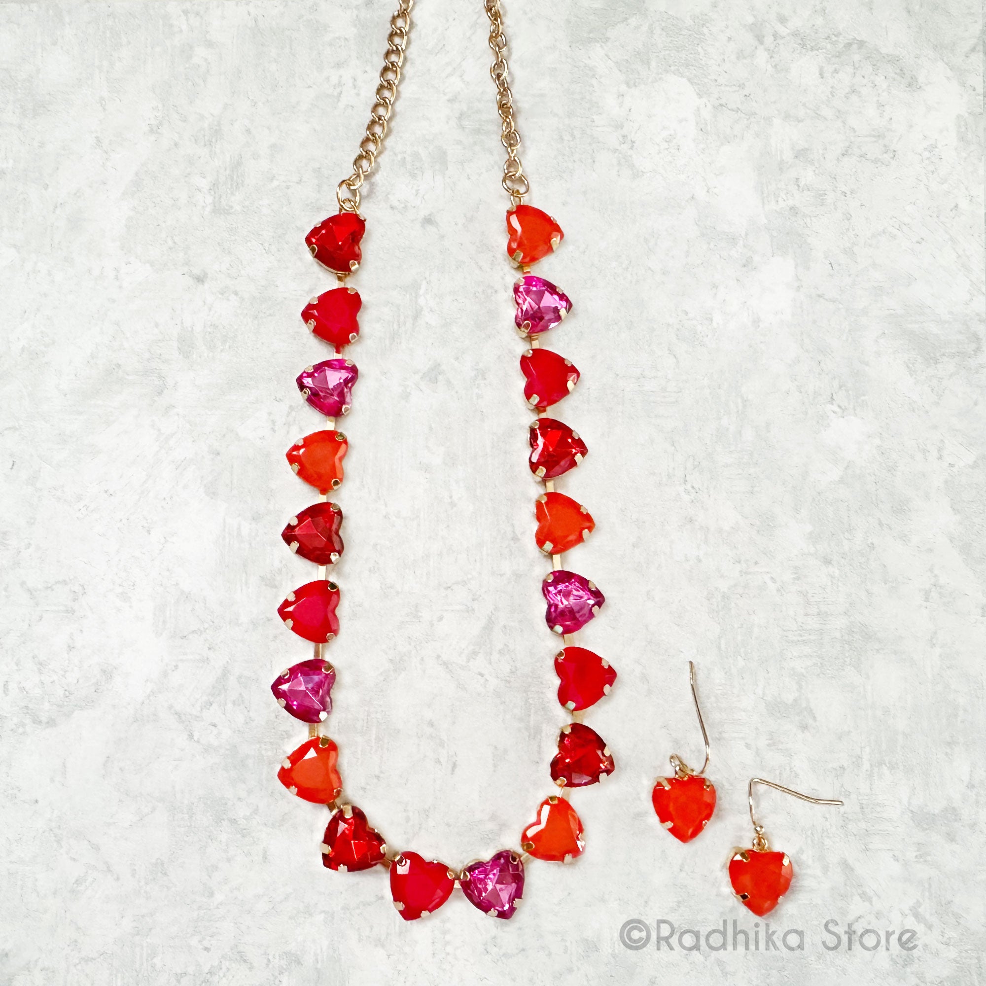 For The Love of God-Red Orange and Pink Hearts- Crystal-Deity Necklace - And Earring Set