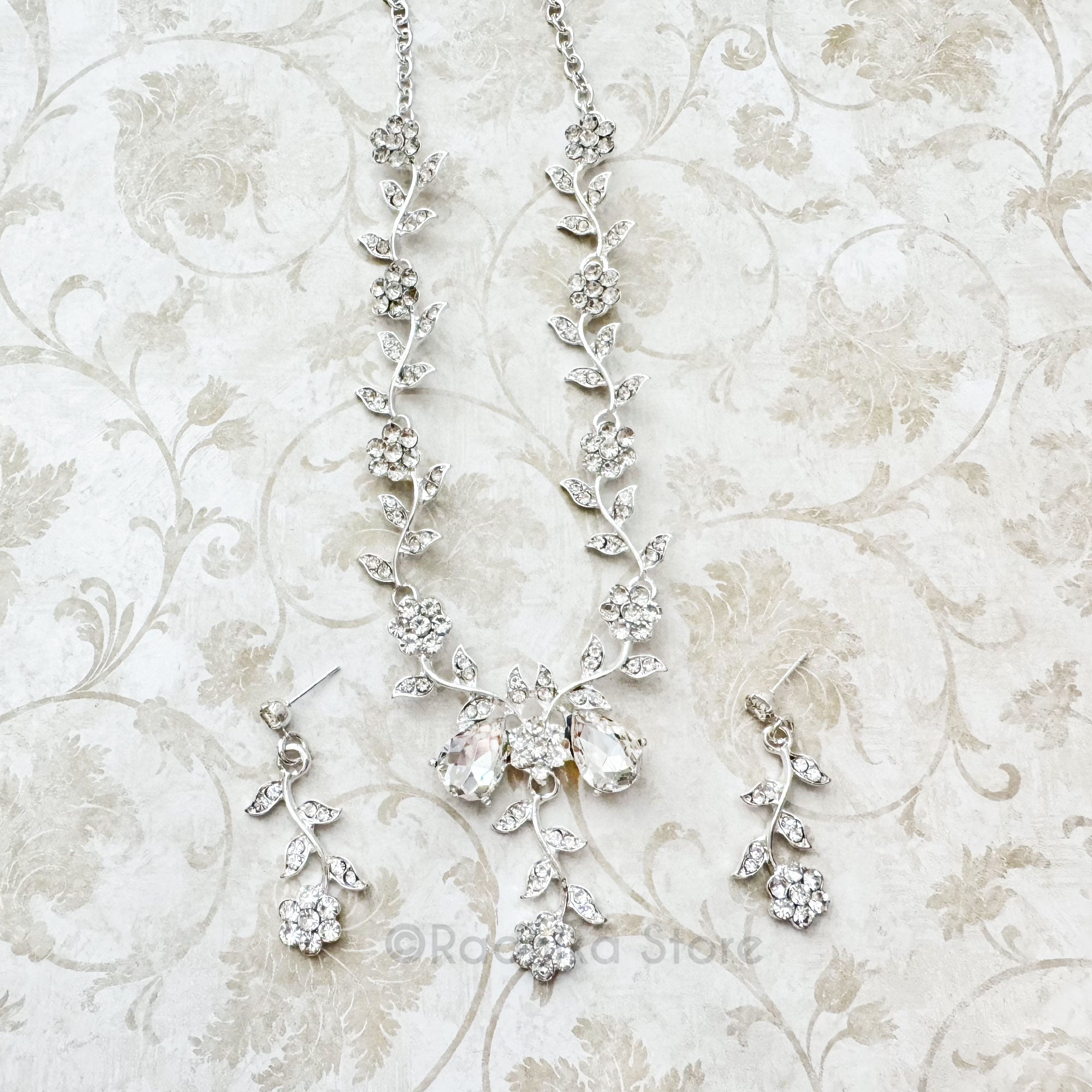 Crystal-Teardrop Vrindavan Flower Vine- Deity Necklace And Earring Set