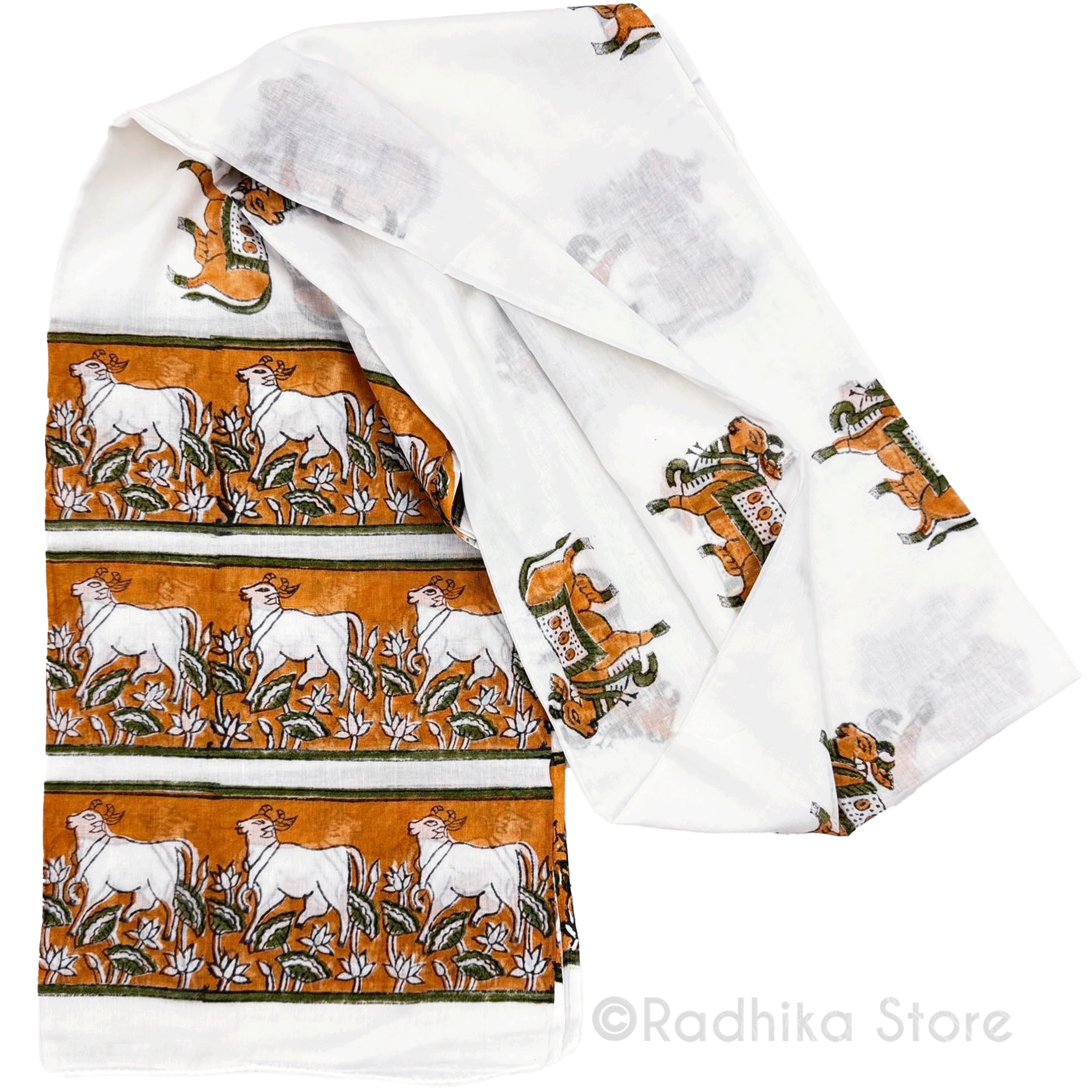 Govardhana Surabhi Cows - Rust and Green-Cotton Chadar