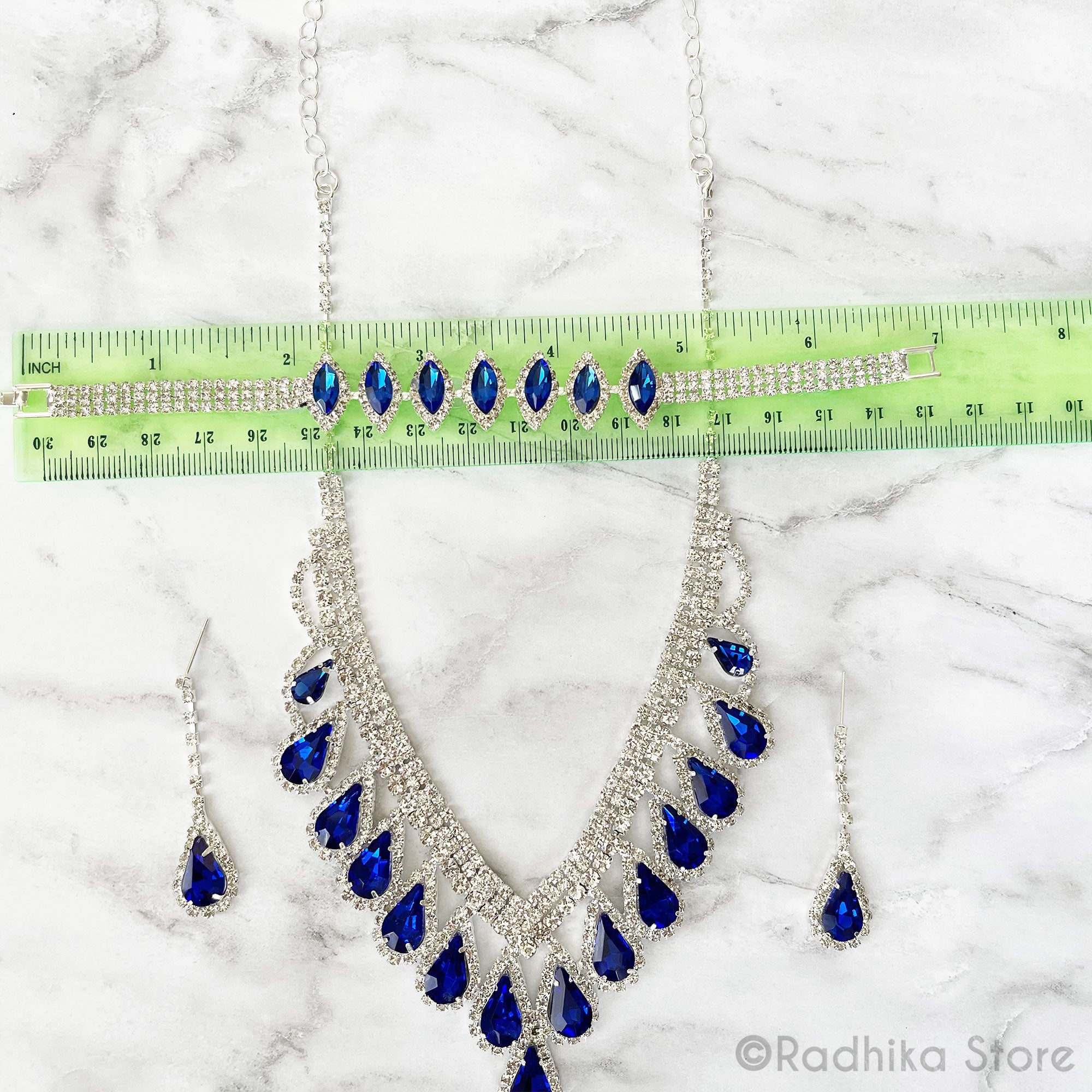 Teardrop-Deity Necklace And Earring Set With Marquise Bangle- Sapphire Blue