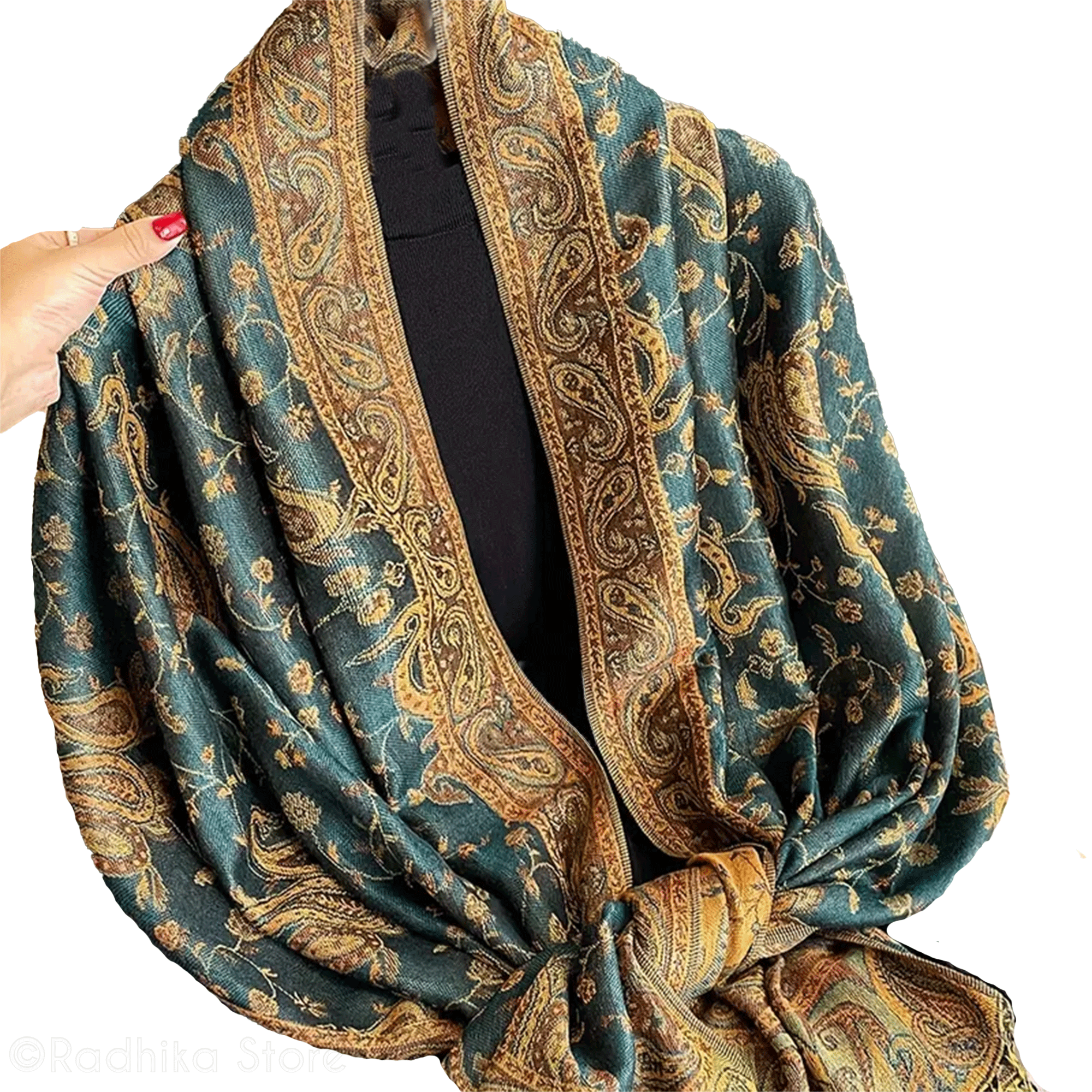 Tapestry Look- Jacquard - Chadar - With Paisley Design - Teal And Gold