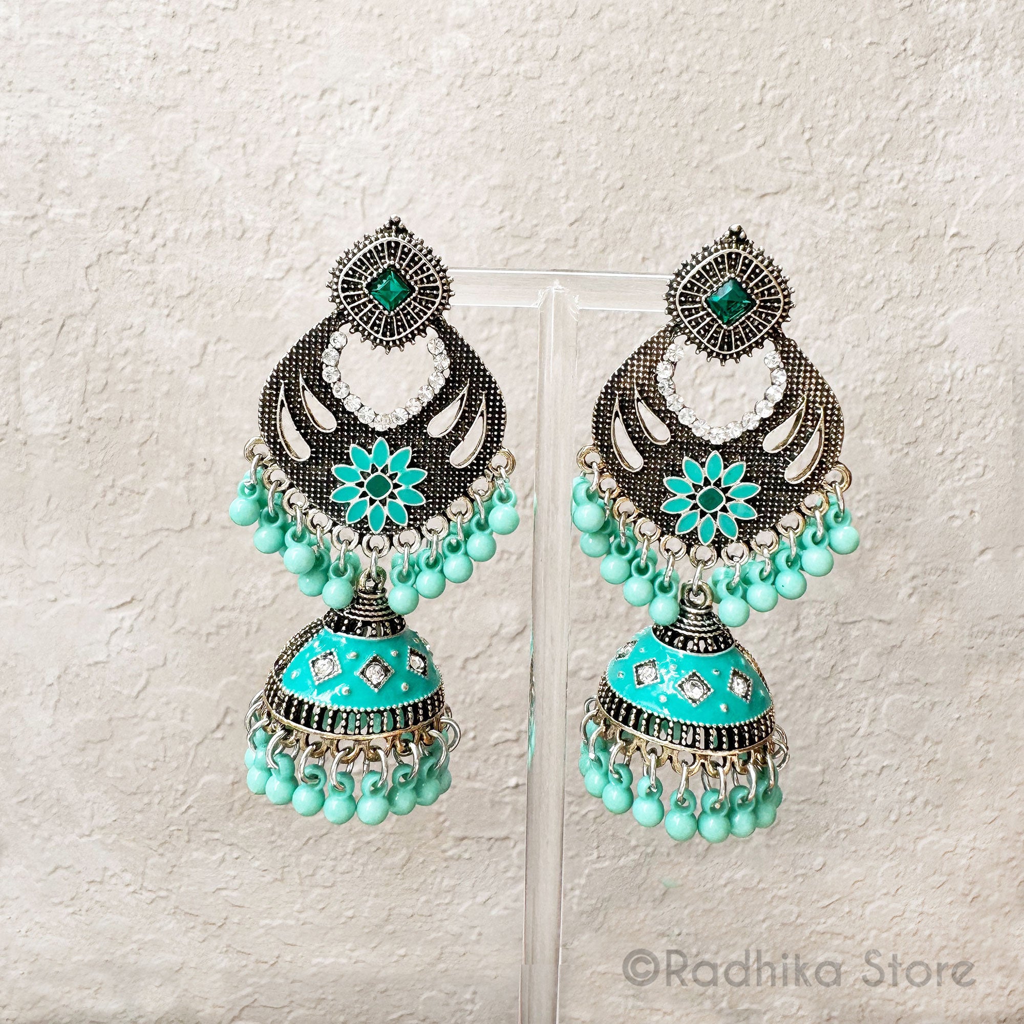 Rajasthani Teal Lacquer Bells - Jhumka Earrings