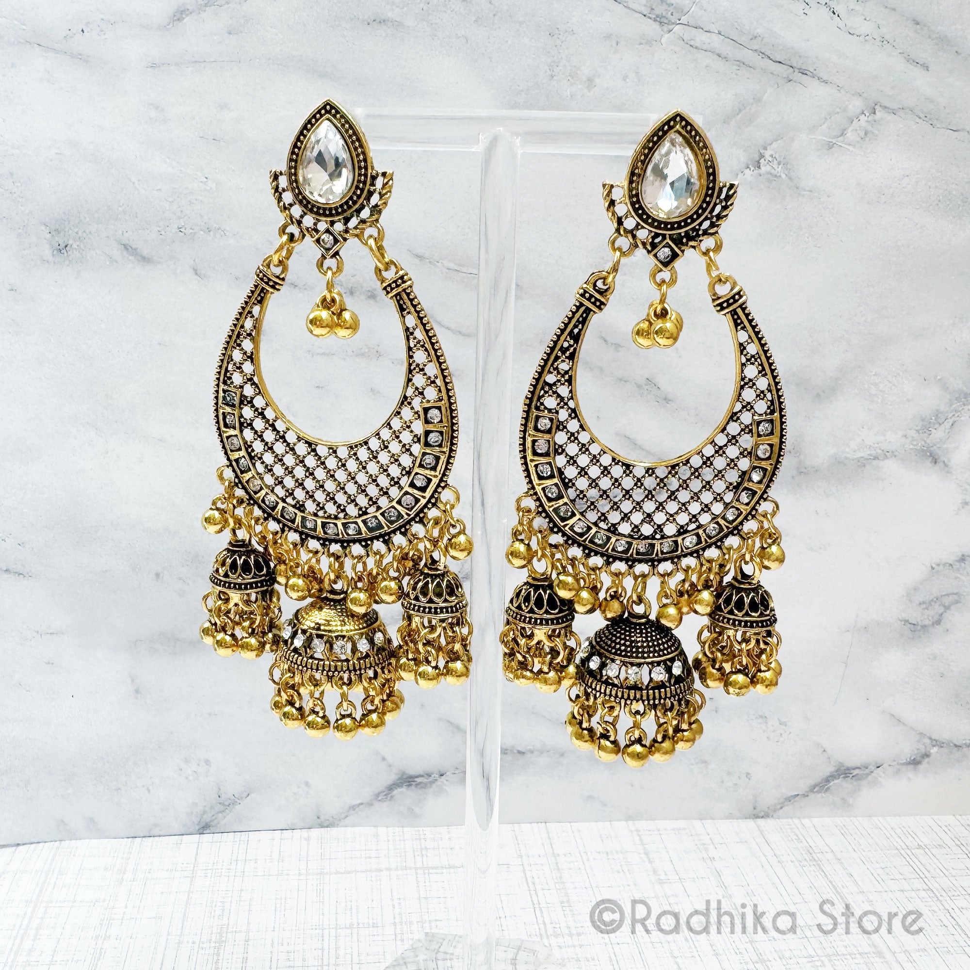 Crystal Teardrop Bells- Golden Jhumka Earrings