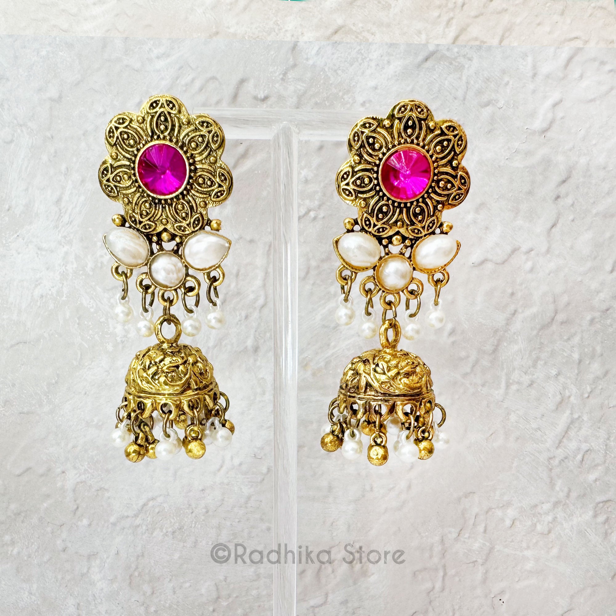 Vrindavan Flower-Gold With Pearl Jhumka Flower With Bright Pink-Earrings