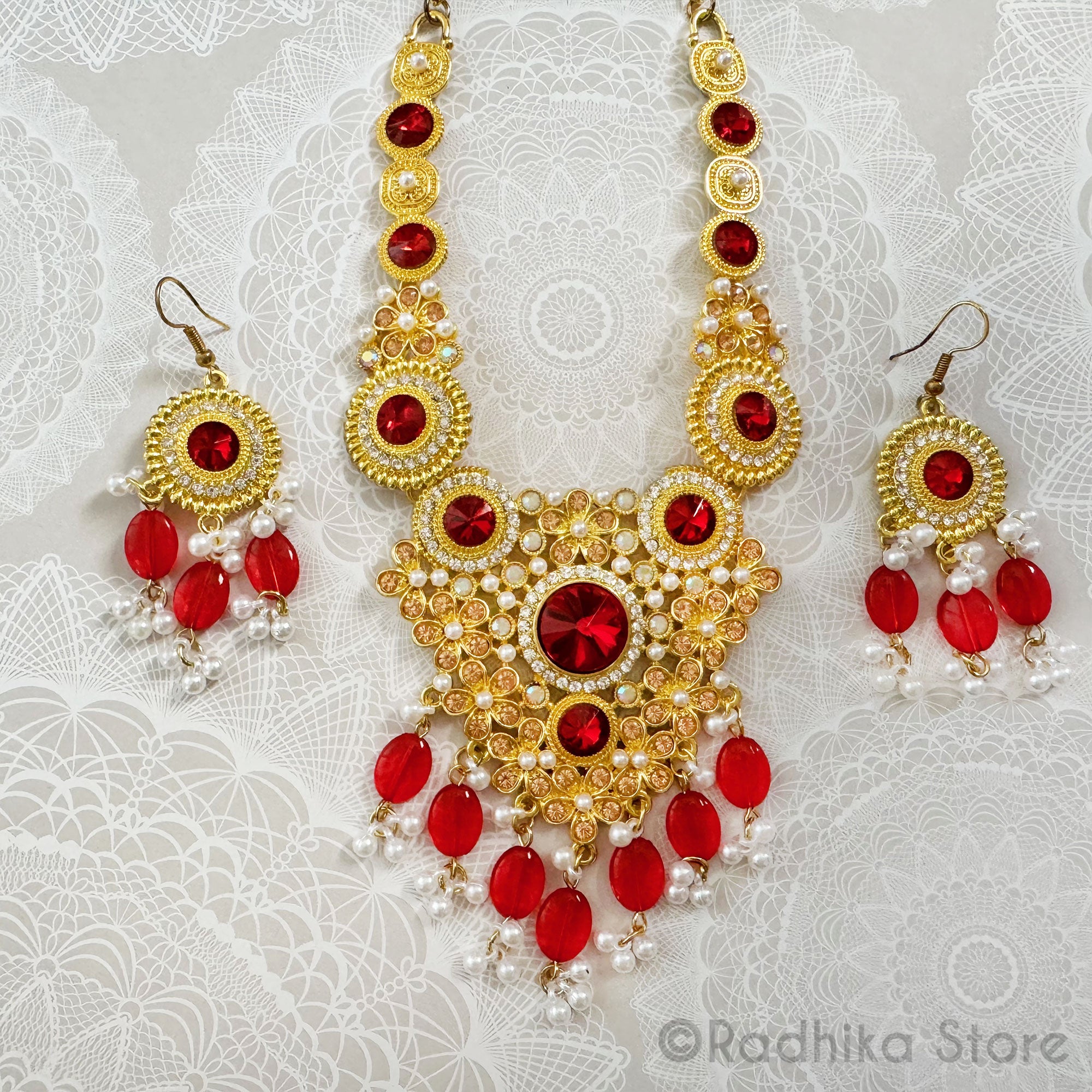 Vedic Style With Vrindavan Flowers-Gold With Red Crystals and Pearls-Necklace And Earring Set