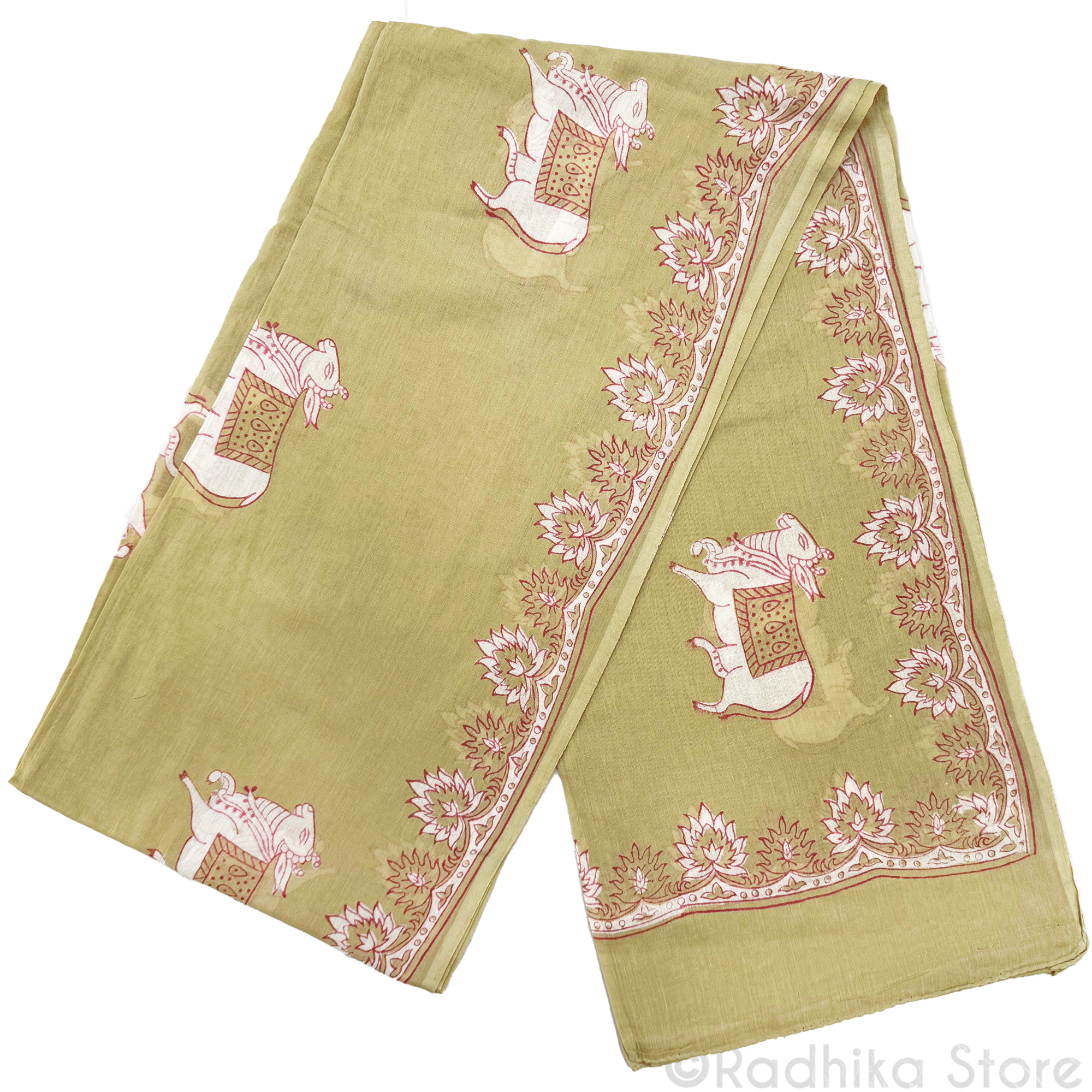 Vrindavan Surabhi Cows - Olive Green-Cotton Chadar