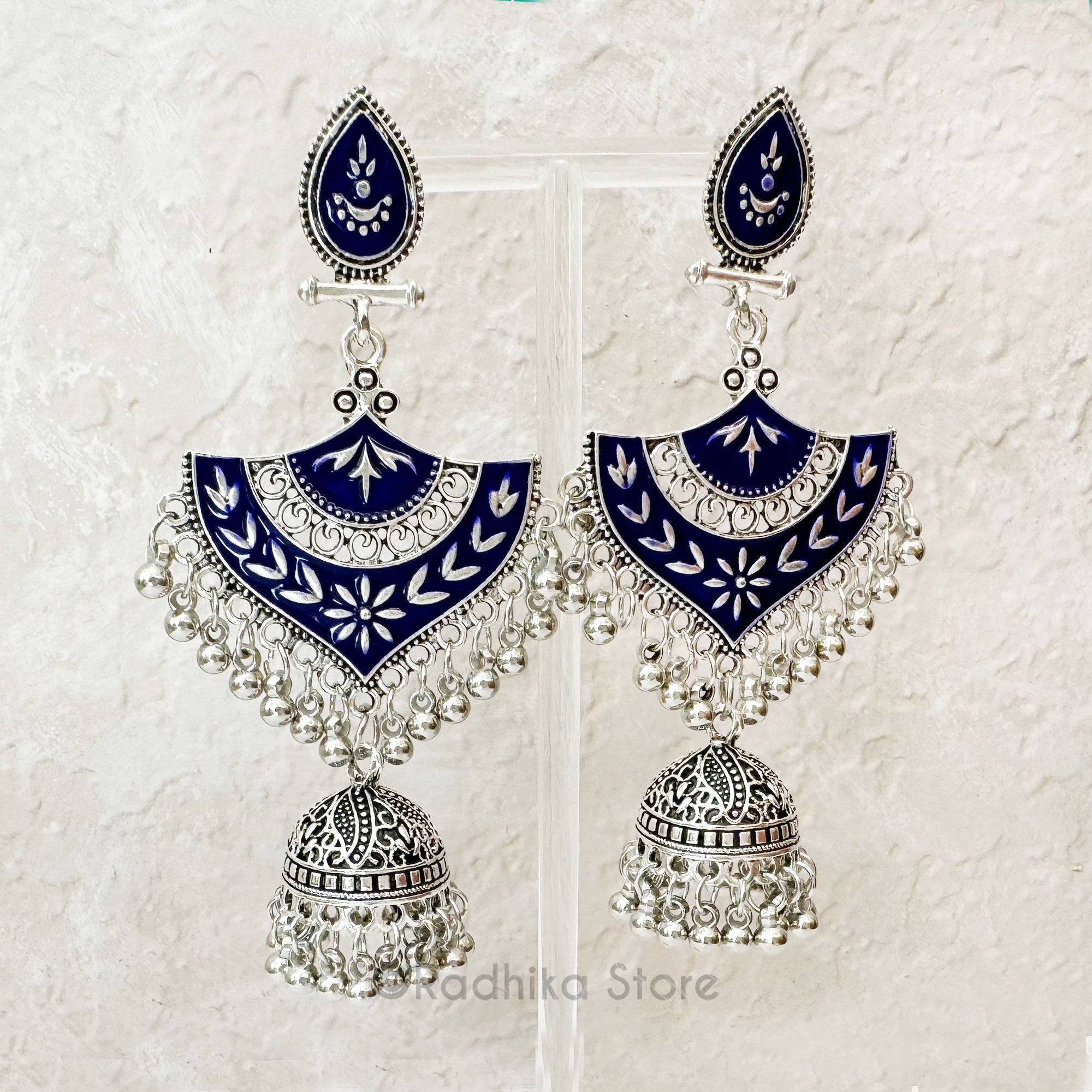 Silver Shield  Blue Lacquer - Jhumka Bell Earrings