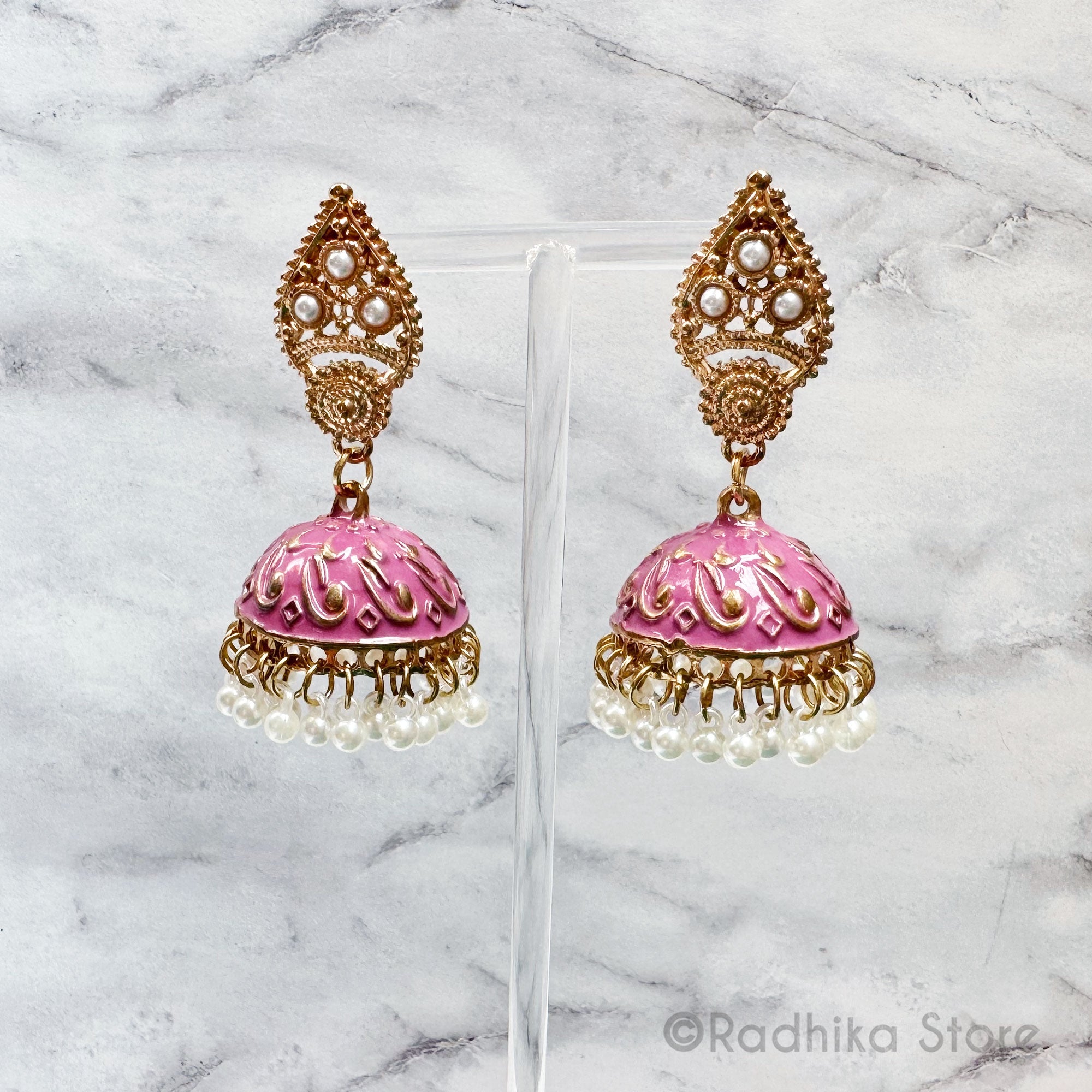 Pink Temple Bells -  Pearl Jhumka Earrings