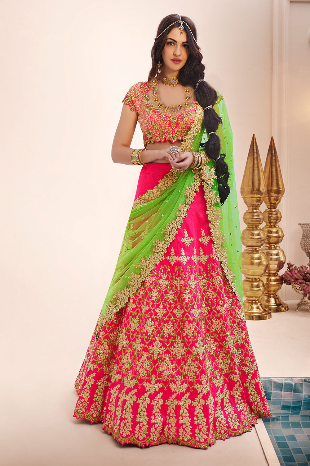 Pink Colored Bright Square Net Butta Work Lehenga Choli at Rs 1395 in Surat  | ID: 14960478648