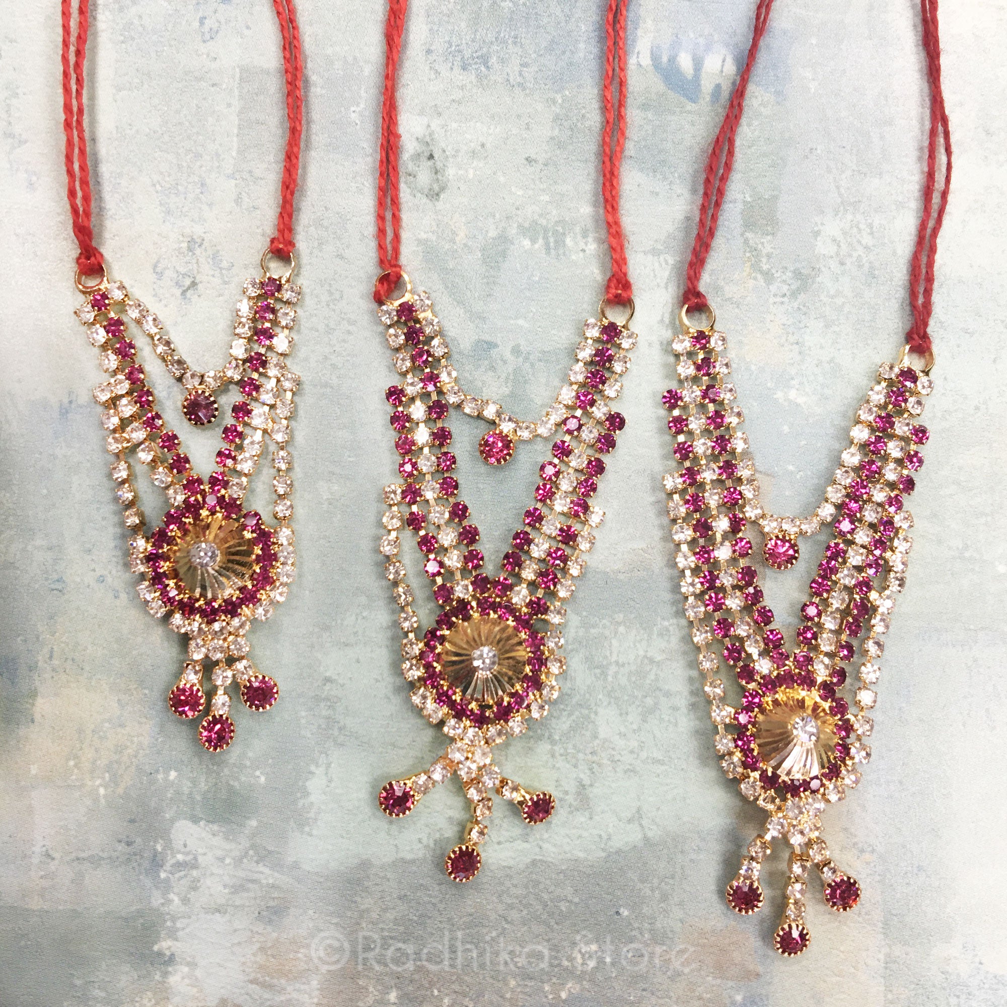 Temple Dome - Fuchsia - Multi Strand - Rhinestone Deity Necklace