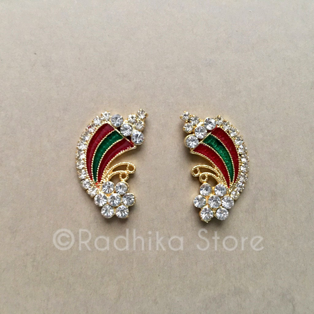 Red and Green Rainbow Flower Rhinestone Deity Earrings, Crowns and Turbans