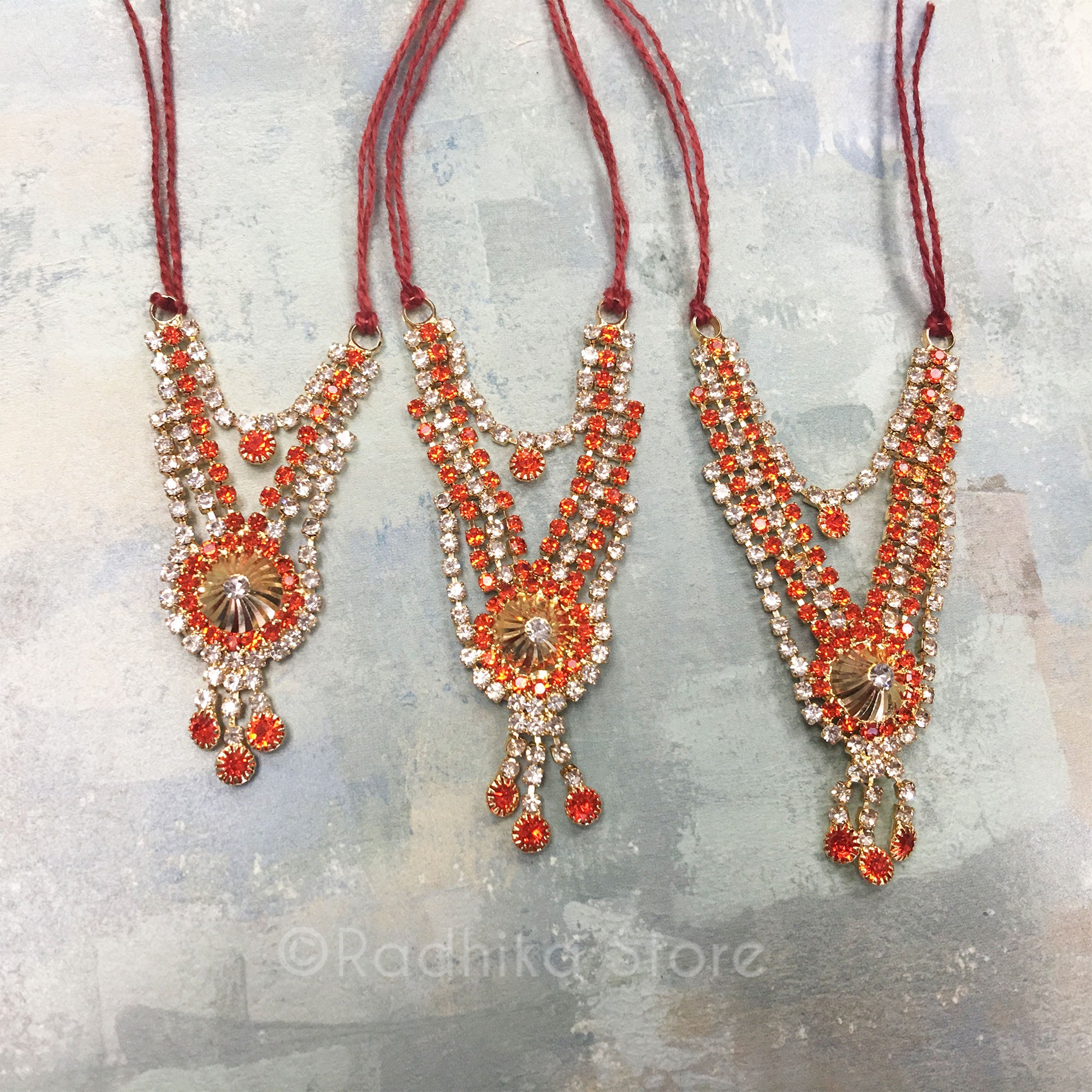 Temple Dome - Orange - Multi Strand - Rhinestone Deity Necklace