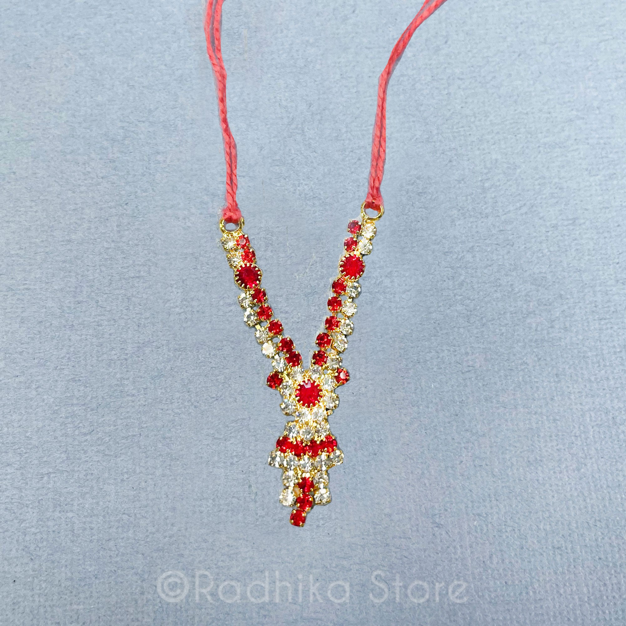 Tiny Krishna Prema Flower- Ruby Diamond Rhinestone Deity Necklace